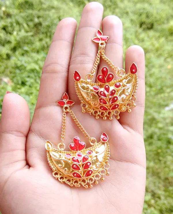 Assamese_Traditional_Copper_Gold_Plated_Red_Colour_Jhumka_Earring_For_Girls_&_Women